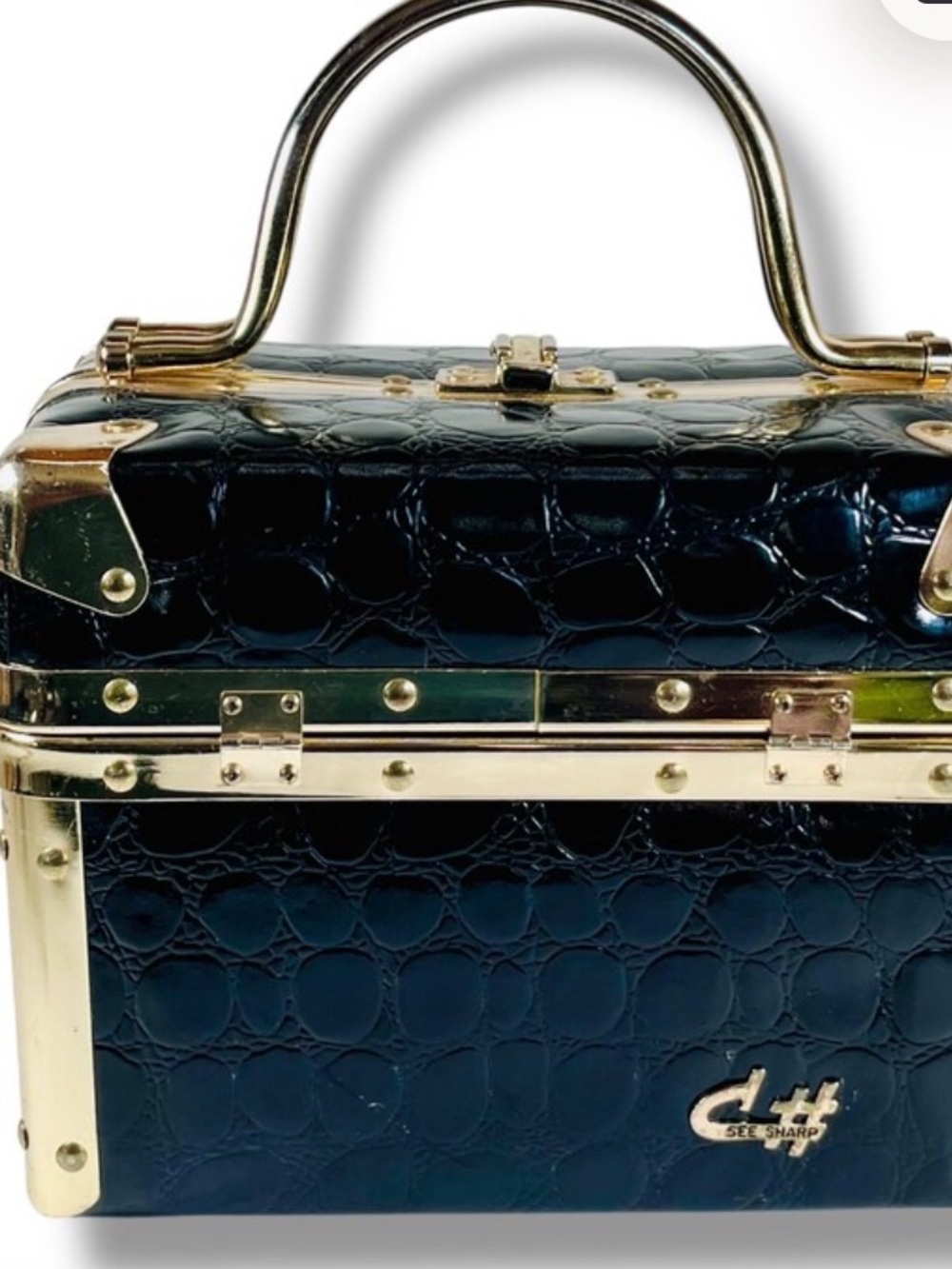 Vintage Black Croc-Embossed Cosmetic Case with Gold Hardware